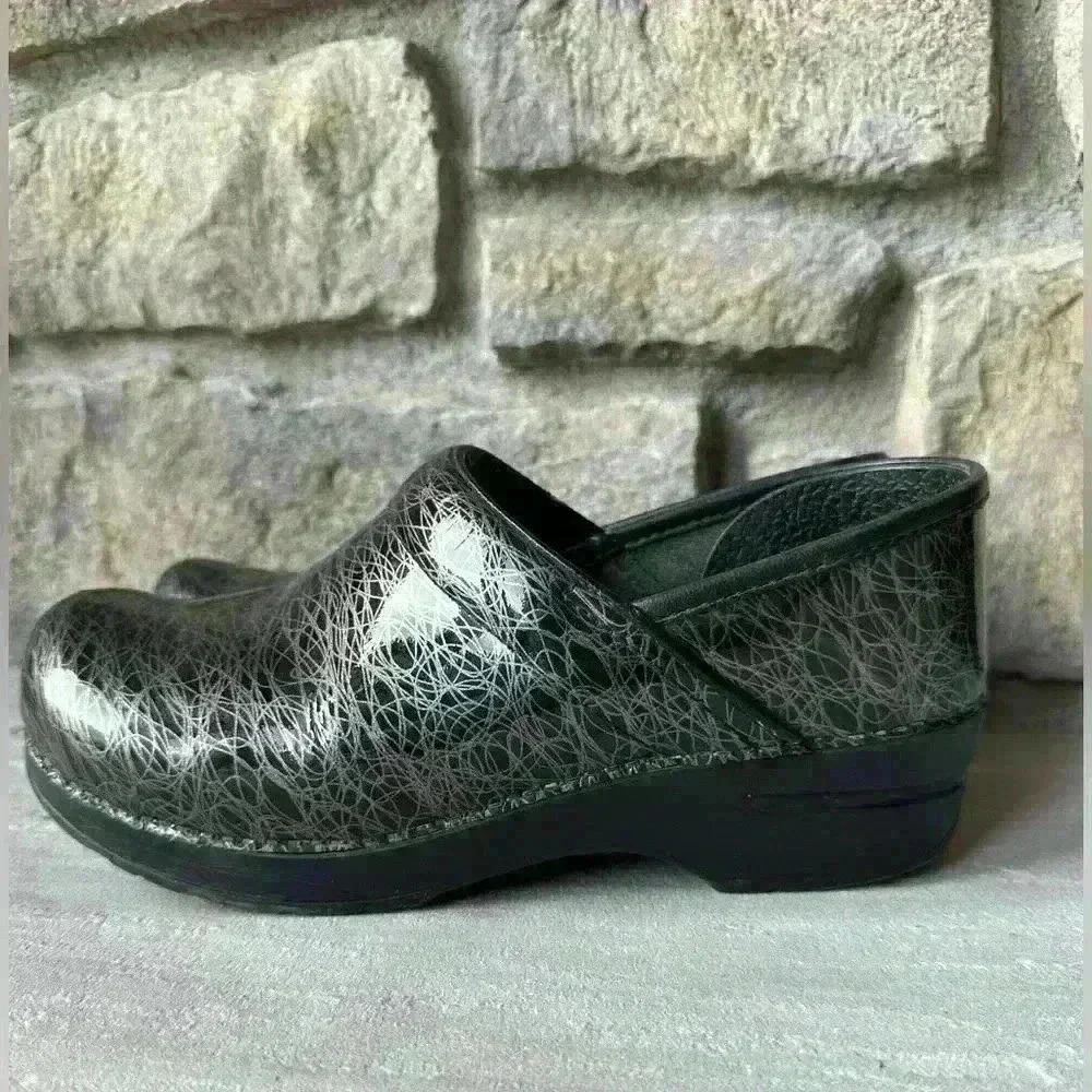 Dansko Women's Professional Black Scribble Print Leather Clogs Size 38/ 7.5- 8US